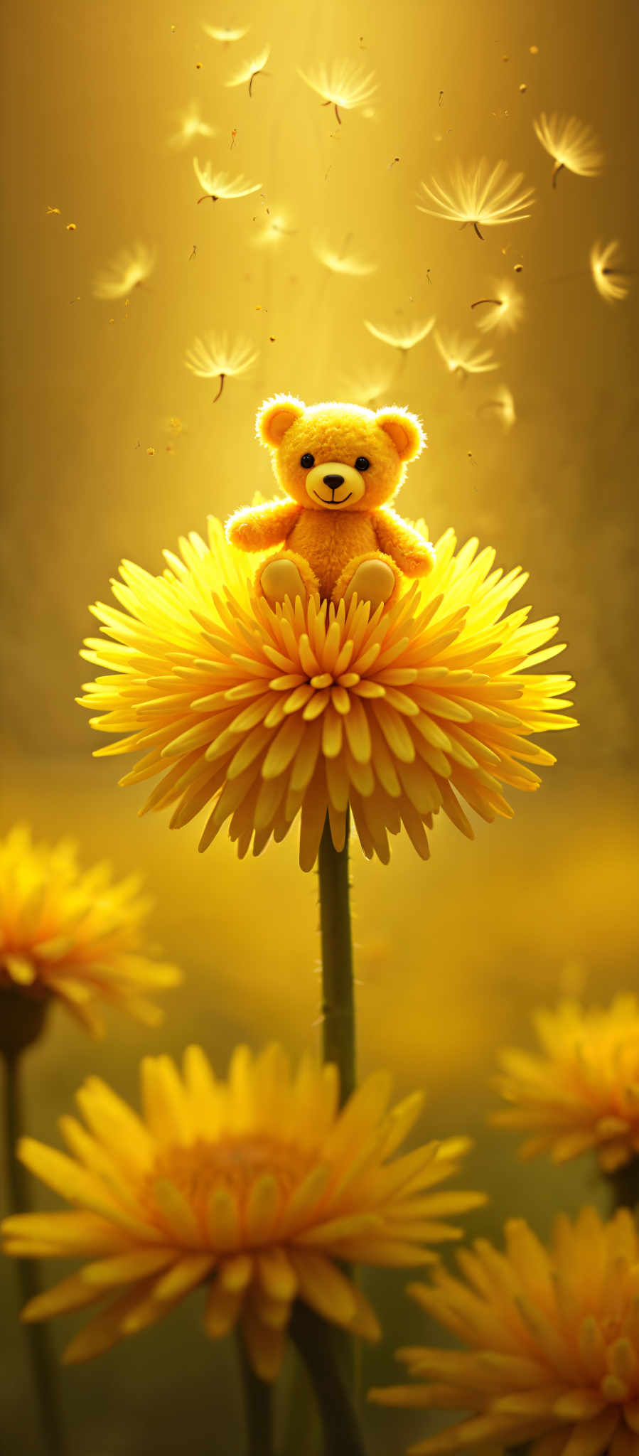 A yellow teddy bear sits on a yellow flower.