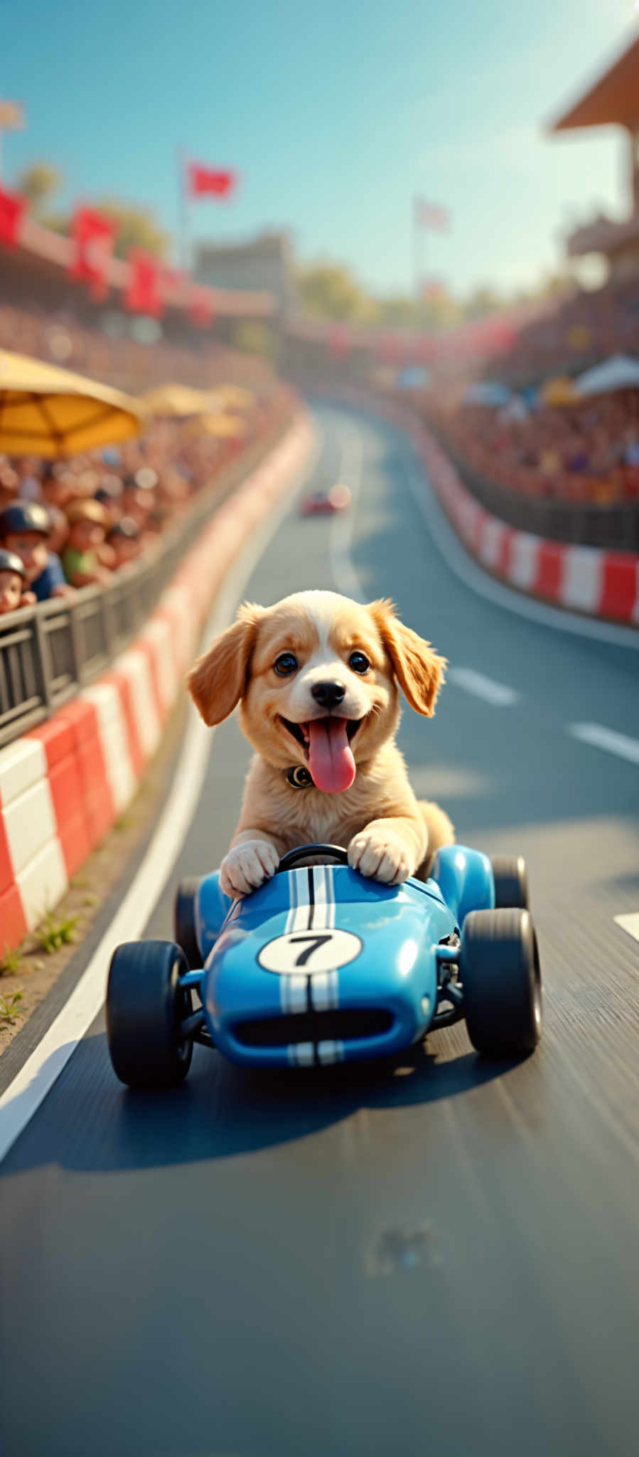 A small dog is sitting in a blue race car with the number 7 on the front. The dog is wearing a black collar and has its tongue out. The car is on a race track with a crowd of people watching from the stands. The track is lined with red and white barriers. The crowd is cheering and the atmosphere is electric. The race car is blue with a white stripe on the side and the number seven on the hood. The driver is not visible but the dog appears to be enjoying the ride. The background is a blur of colors indicating the speed of the race. The image captures a moment of joy and excitement as the dog takes the lead in this thrilling race.