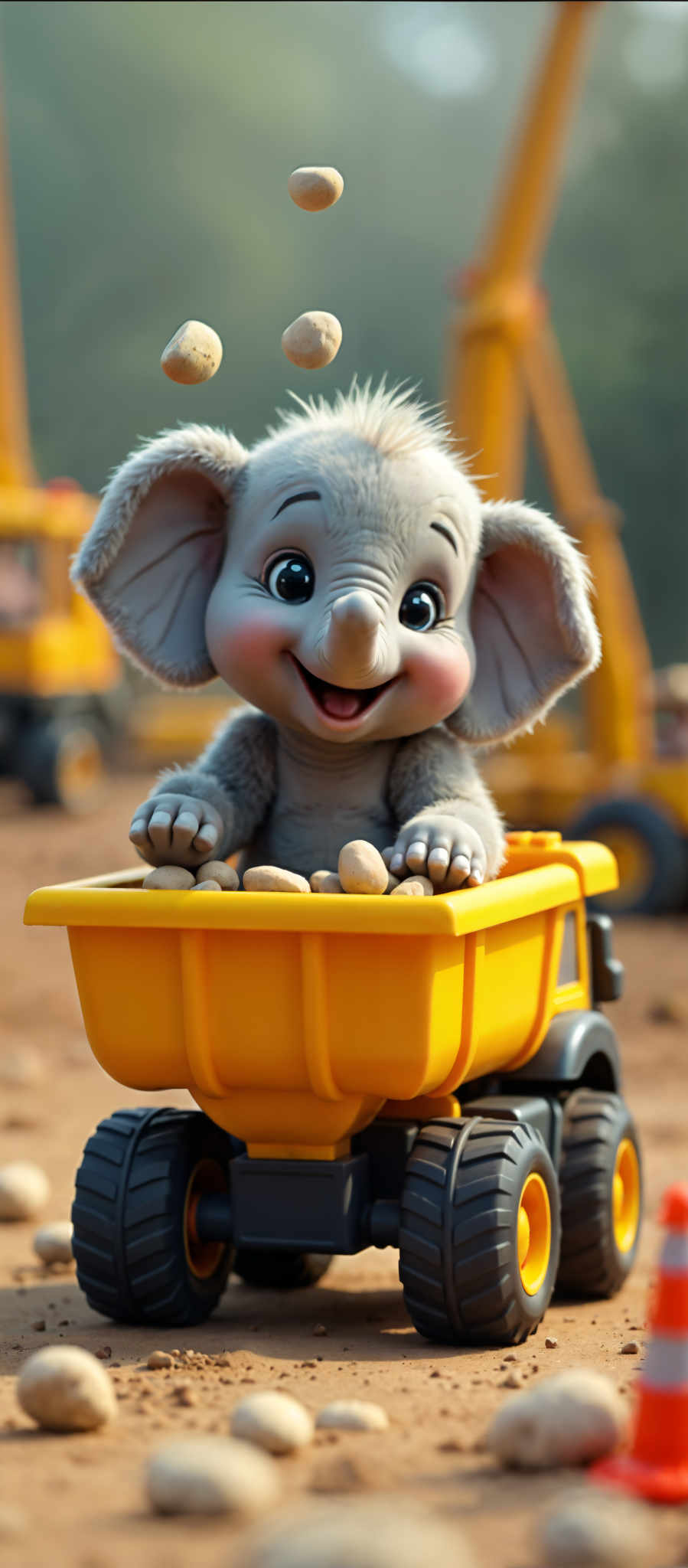 A cartoon elephant is sitting in a yellow dump truck.