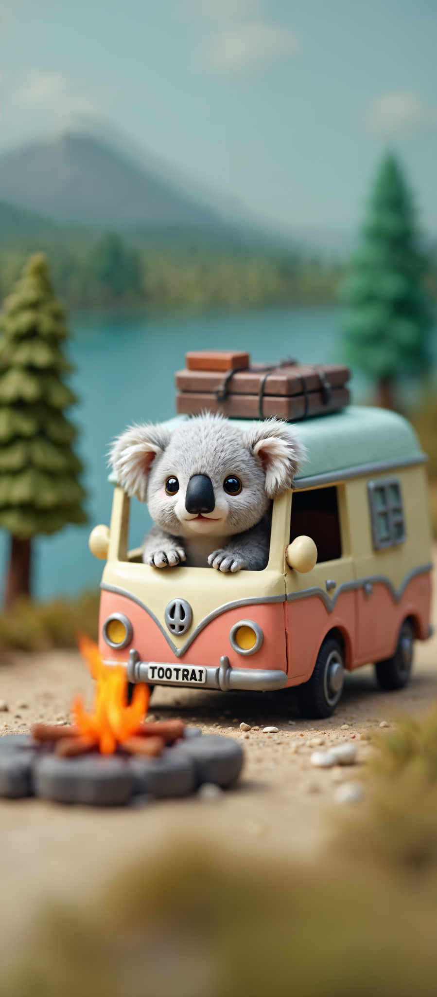 A small toy car with a koala bear in the driver's seat. The car is pink and yellow with a green roof. The license plate reads "TOOTRAT". The car has a suitcase on top. The background features a tree and a body of water.