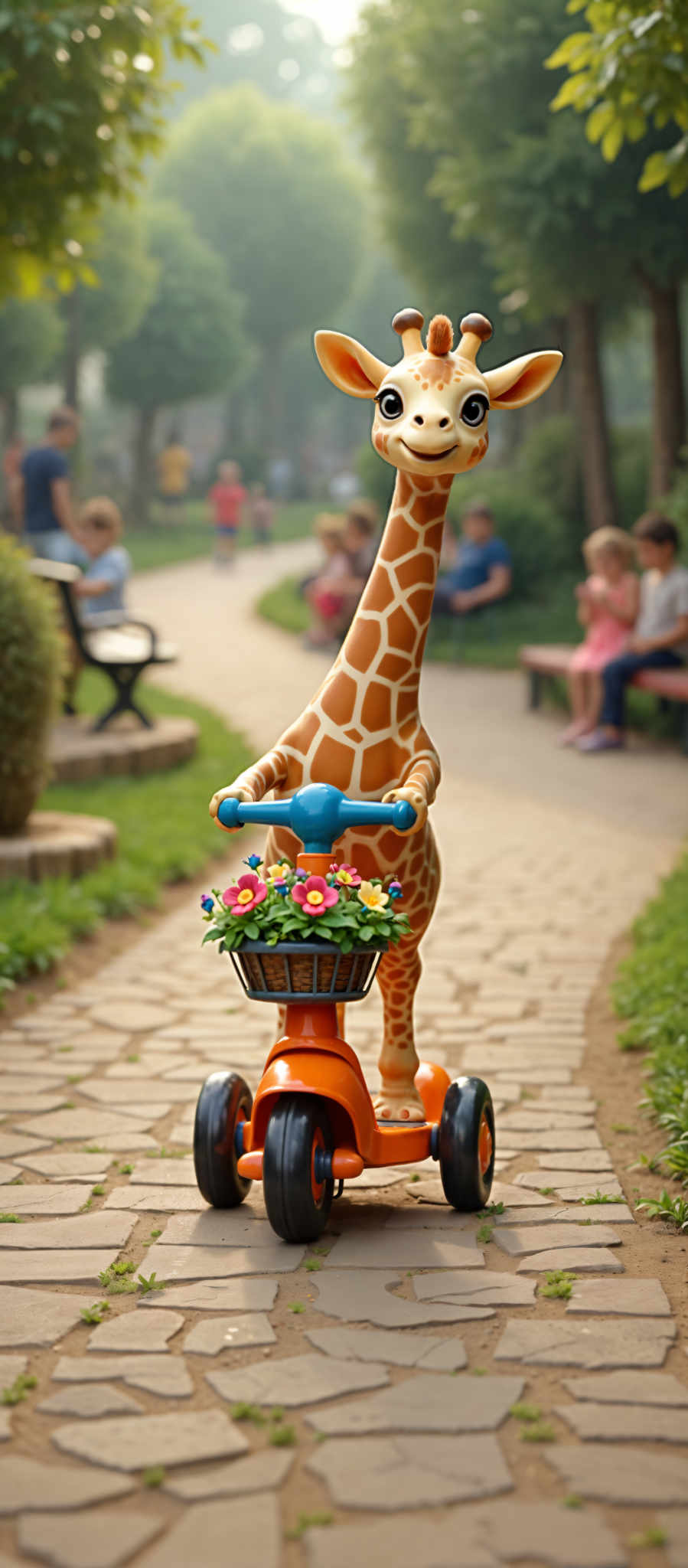 A cartoon giraffe is riding a tricycle. The giraffe has a basket on the front of the tricycle filled with flowers. The tricycle is orange and has black wheels. The background of the photo is a park with people sitting on benches.