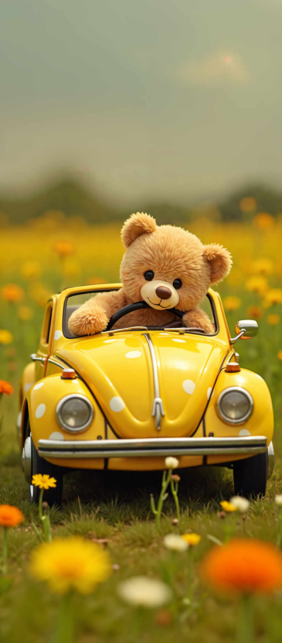 A yellow car with a teddy bear in the driver's seat. The teddy is wearing a black steering wheel. The car is surrounded by a field of yellow flowers.