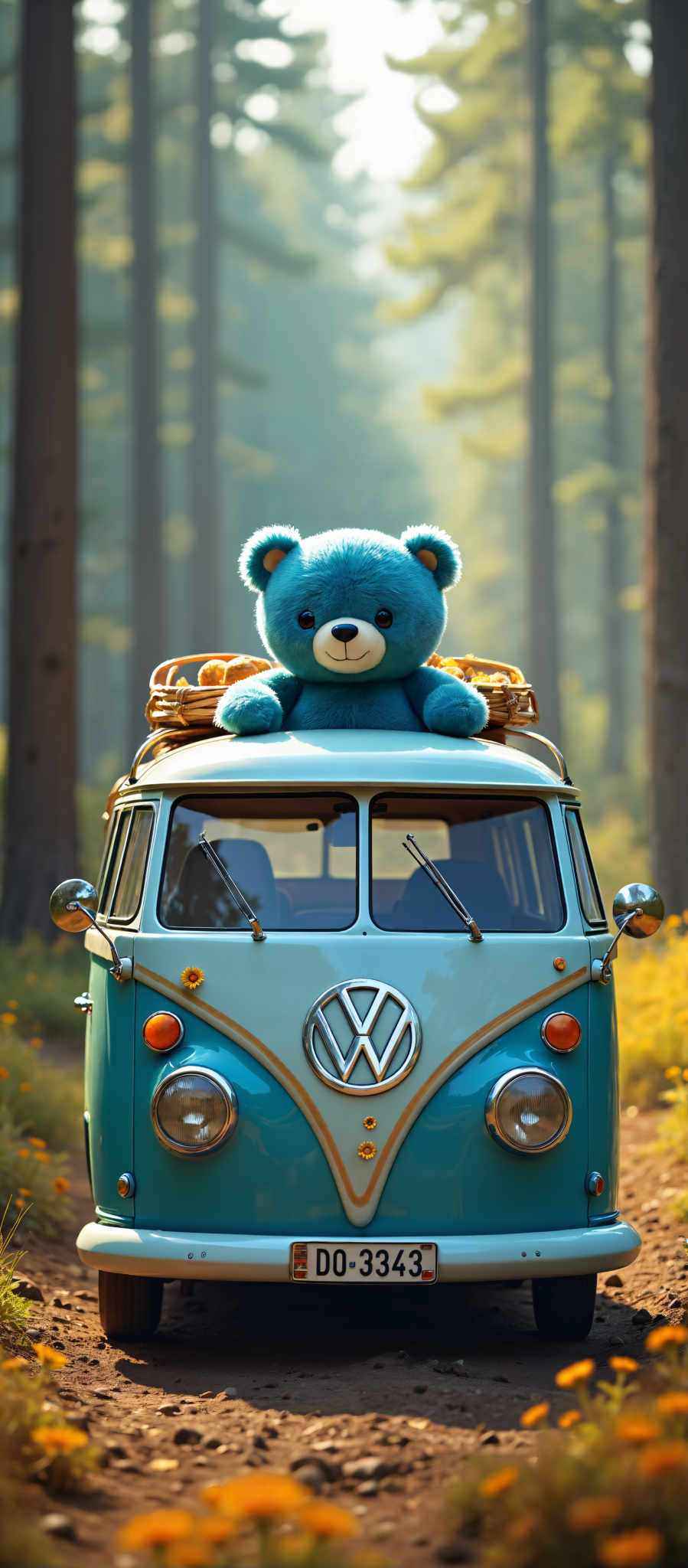 A blue Volkswagen van with a teddy bear on top.