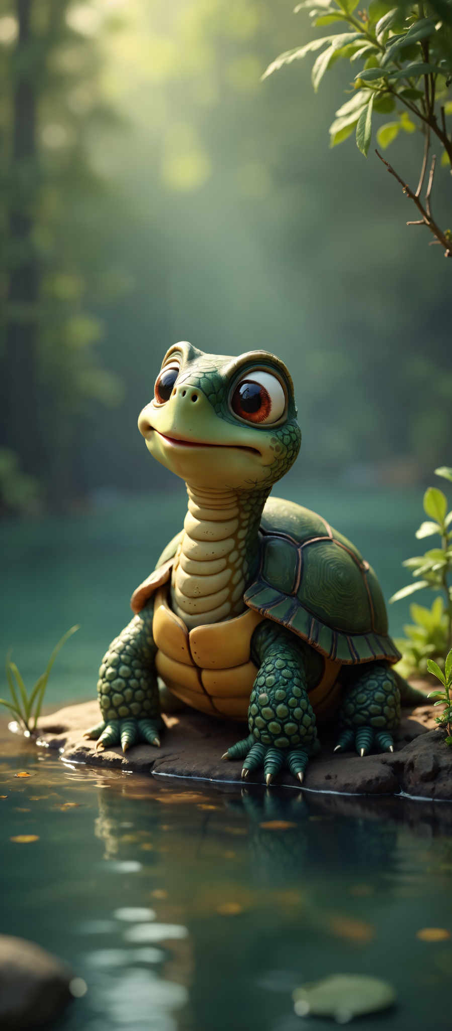 A cartoon turtle with a green shell and a yellow belly. The turtle is sitting on a rock near a body of water. It has a big smile on its face and its eyes are wide open.