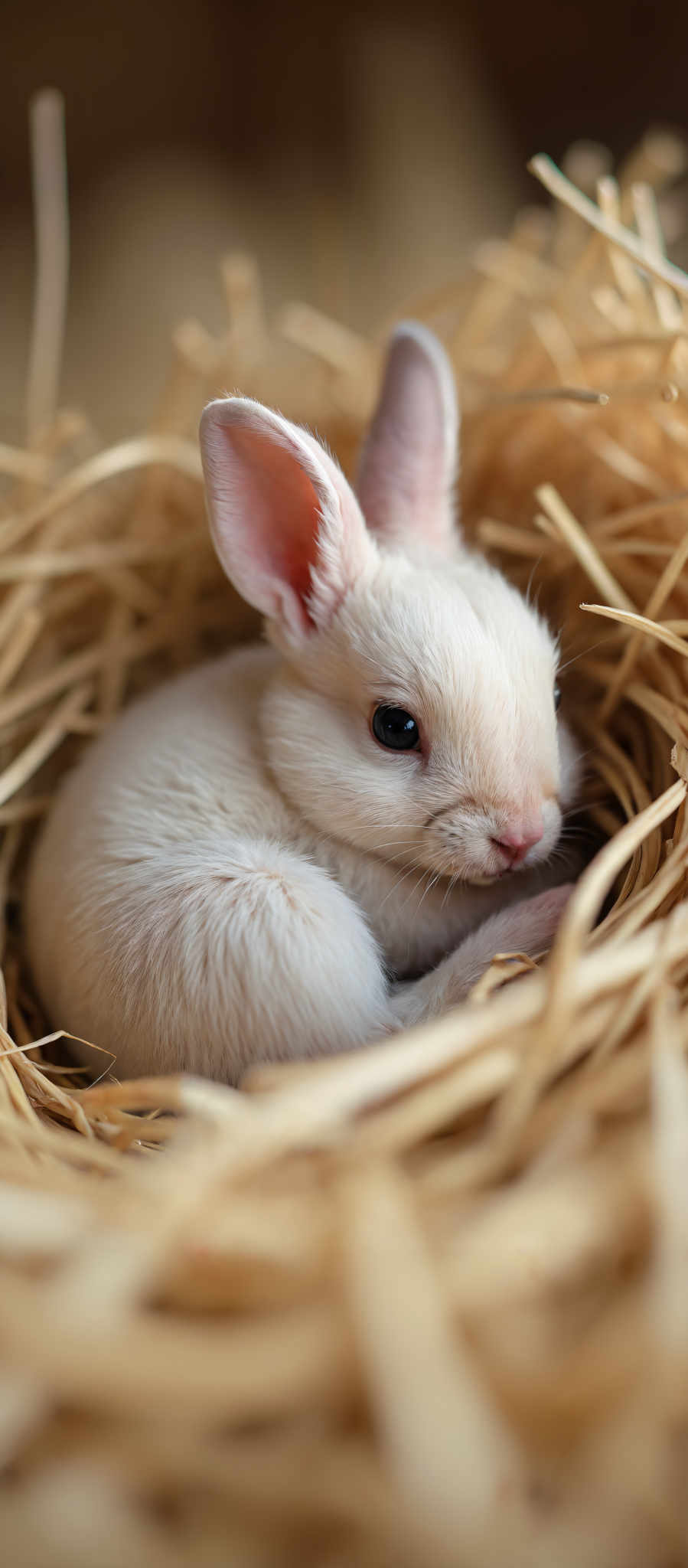 A white bunny is sitting in a nest made of straw. The bunny has pink ears and paws. The eyes of the bunny are black. The nose of the rabbit is pink. The rabbit is looking at the camera. The background is a straw nest. The straw nest is brown. The image is a close up of the white bunny. The white bunny has a pink nose. The pink ears of the baby bunny are pointed. The baby bunny has black eyes. The black eyes of a baby bunny.