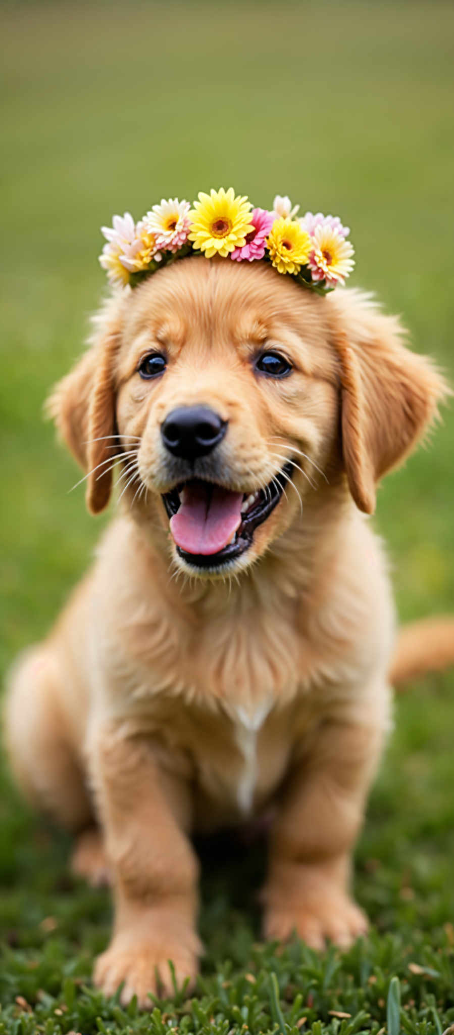 A golden retriever dog with a green hat on its head. The dog is sitting on a grassy field and has its mouth open.