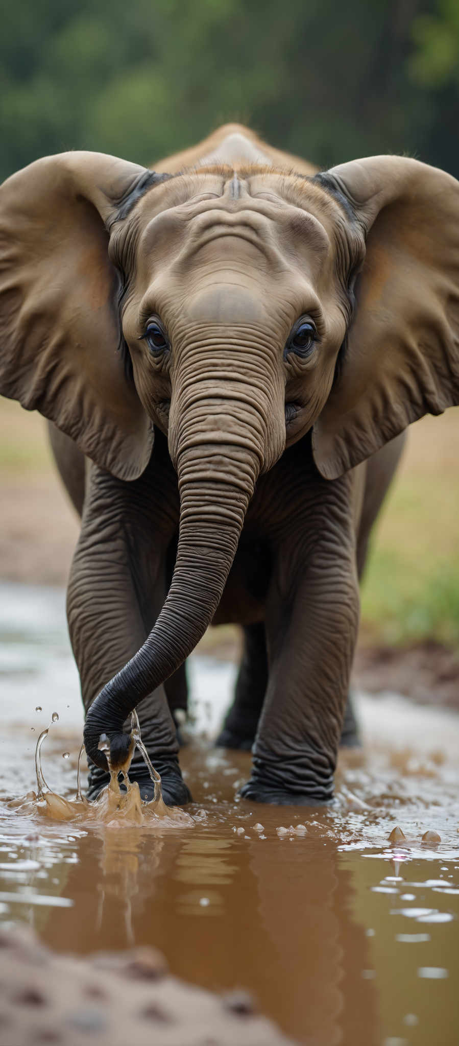 A young elephant with a wet trunk and large ears.