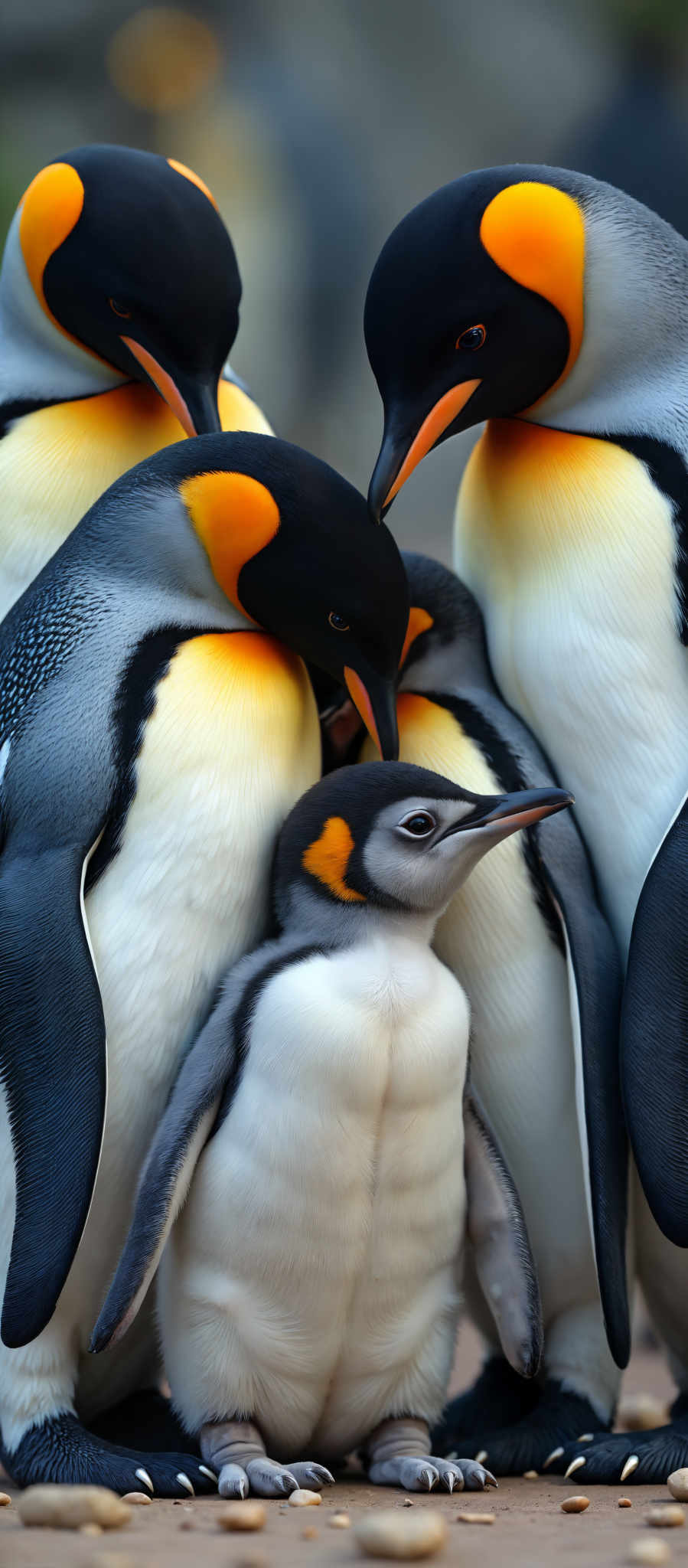 A group of penguins one of which is a baby are huddled together. The baby penguin is in the center looking up at the adult penguins. The adult penguin on the left is biting the baby penguins head. The other adult pingles are standing behind the baby creating a protective circle. The penguins are black and white with orange beaks.