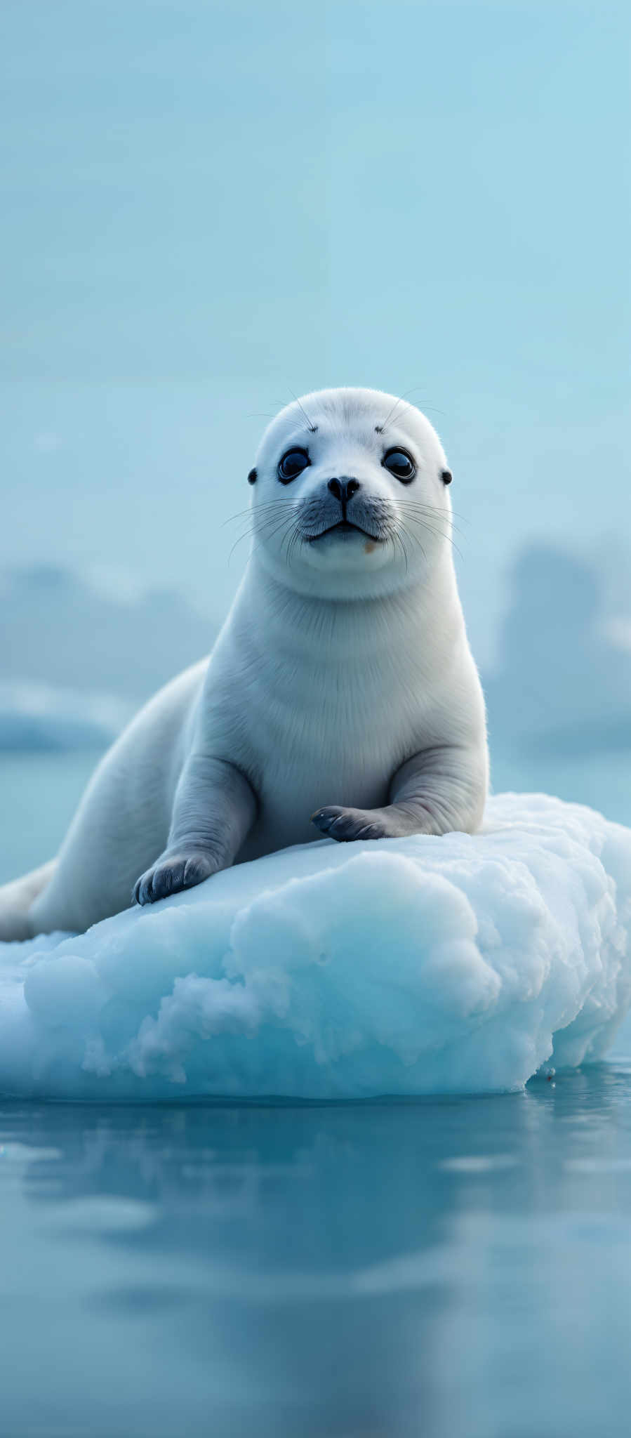 A white polar bear is sitting on a large ice floe. The bear is looking directly at the camera its eyes wide open. The ice floes are blue and white and the bear's fur is a pure white. The background is a light blue color with a few clouds visible in the distance. The polar bear appears to be alone with no other animals or objects in sight. The image does not contain any text. The overall scene suggests a cold icy environment likely in the Arctic region. The photo appears to have been taken during the day as the lighting is natural and there are no signs of artificial light sources. The relative position of the bear and the ice floo suggests that the bear is on top of the ice rather than standing on it. The size of the floe is large enough to support the bear comfortably. The color of the bears fur is pure white which is typical for polar bears. The bears eyes are wide open indicating that it is alert and aware of its surroundings. The clouds in the background are sparse and do not appear to be moving suggesting a calm and clear day. The light blue background color is consistent with the color of ice and snow further emphasizing the cold and