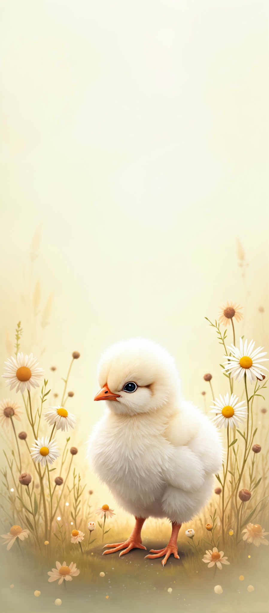 A white chicken with blue eyes is sitting in a field of flowers.