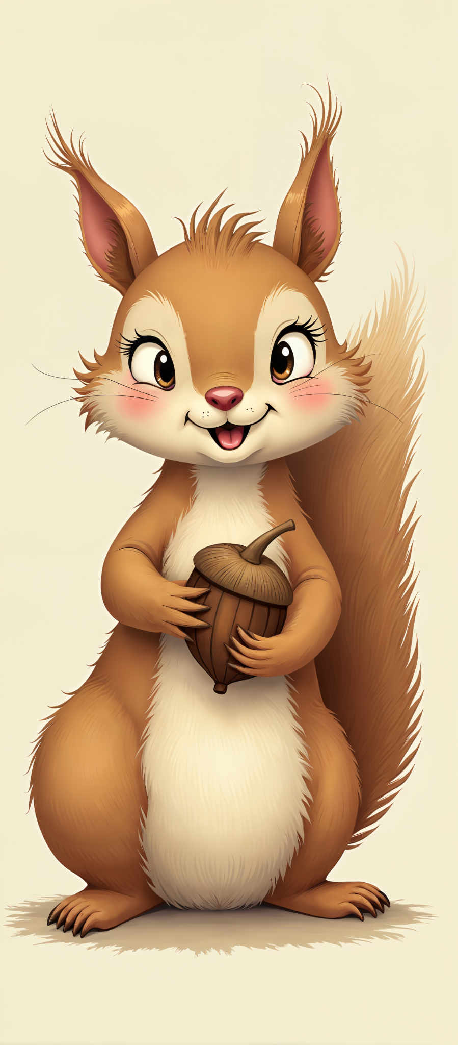 A cartoon squirrel is holding a walnut.