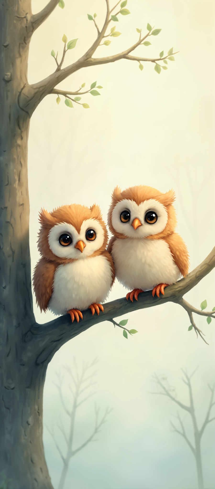 Two brown and white owls sitting on a tree branch.