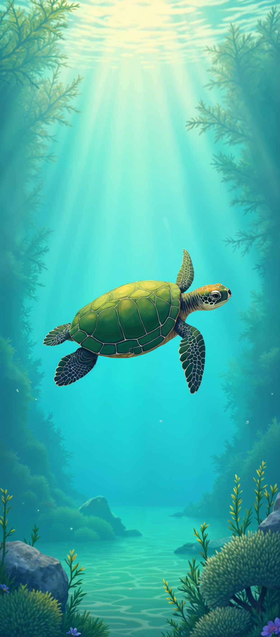 A green sea turtle is swimming in the ocean.