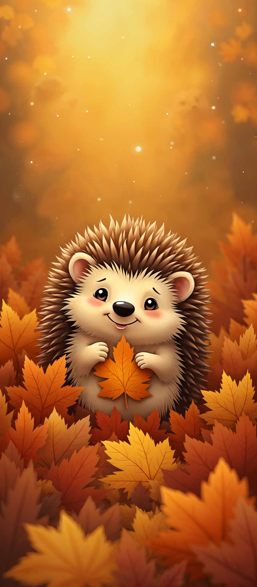 A cartoon hedgehog is holding a leaf in its hands. The hedgehog has a big smile on its face and is surrounded by autumn leaves.