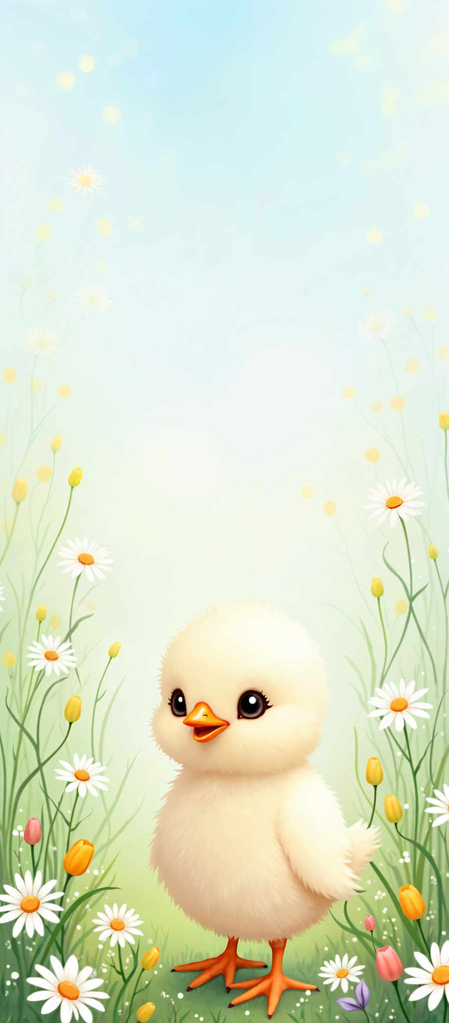 A yellow and white bird with a red beak is standing in a field of daisies.