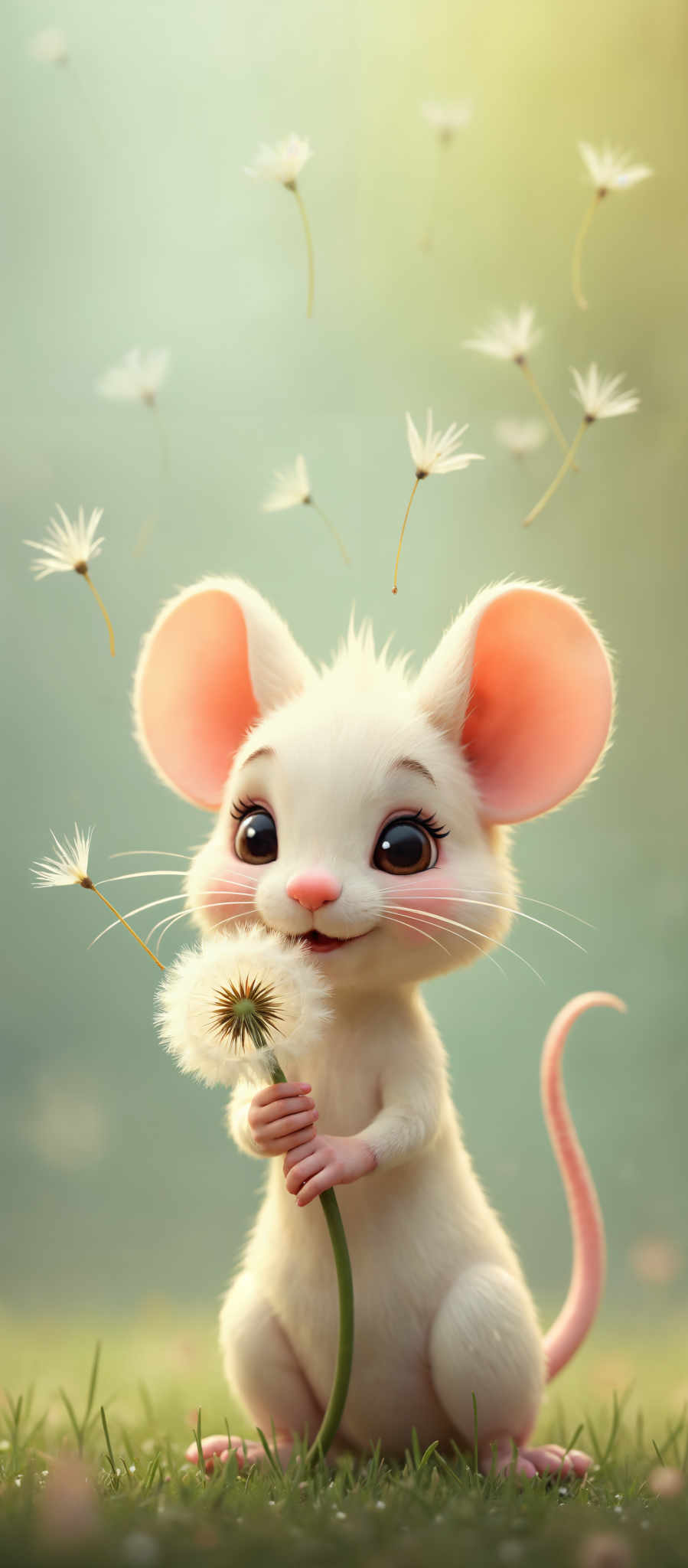 A cartoon mouse with a pink nose and ears is holding a dandelion.