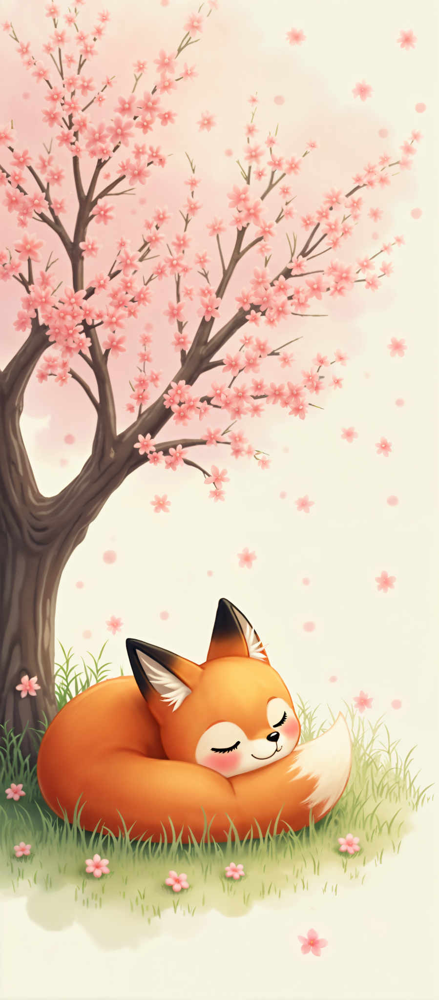 A cartoon fox is sitting under a cherry blossom tree. The fox is orange and white and it has black ears. The tree is pink and has white flowers. The background is white and has pink flowers.