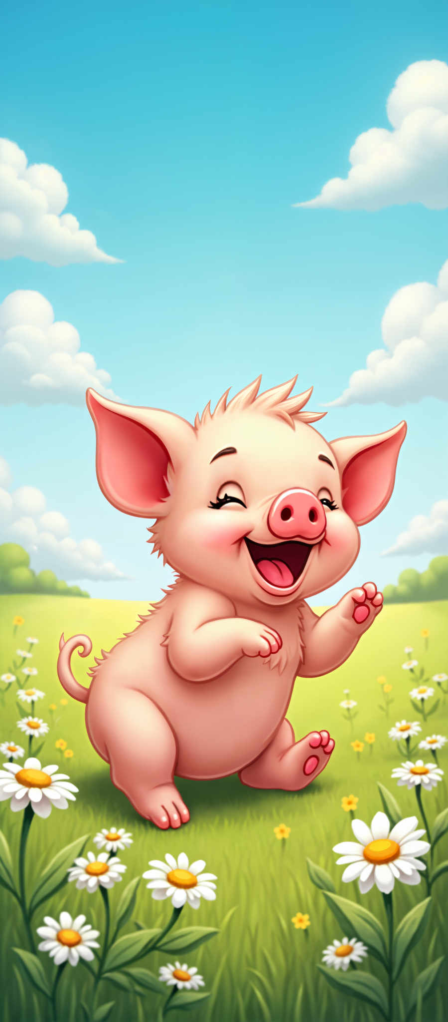 A cartoon pig is the main subject of this image. It has a large round body and a small head. The pig is standing on a grassy field surrounded by daisies. The background is a clear blue sky with fluffy white clouds. The image is a digital illustration. The colors used are bright and vibrant with the pig being the most prominent. The overall scene is peaceful and idyllic.