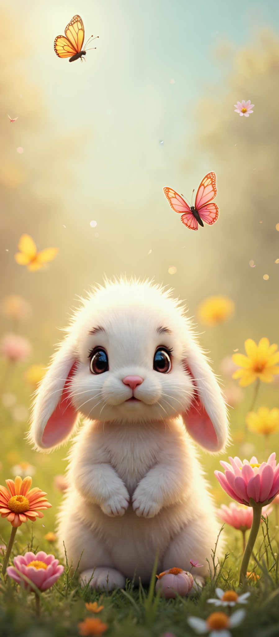 A cute white bunny with big blue eyes and pink nose is standing in a field of yellow flowers. The bunny is looking directly at the camera. In the background there is a butterfly flying in the sky. The scene is peaceful and serene.