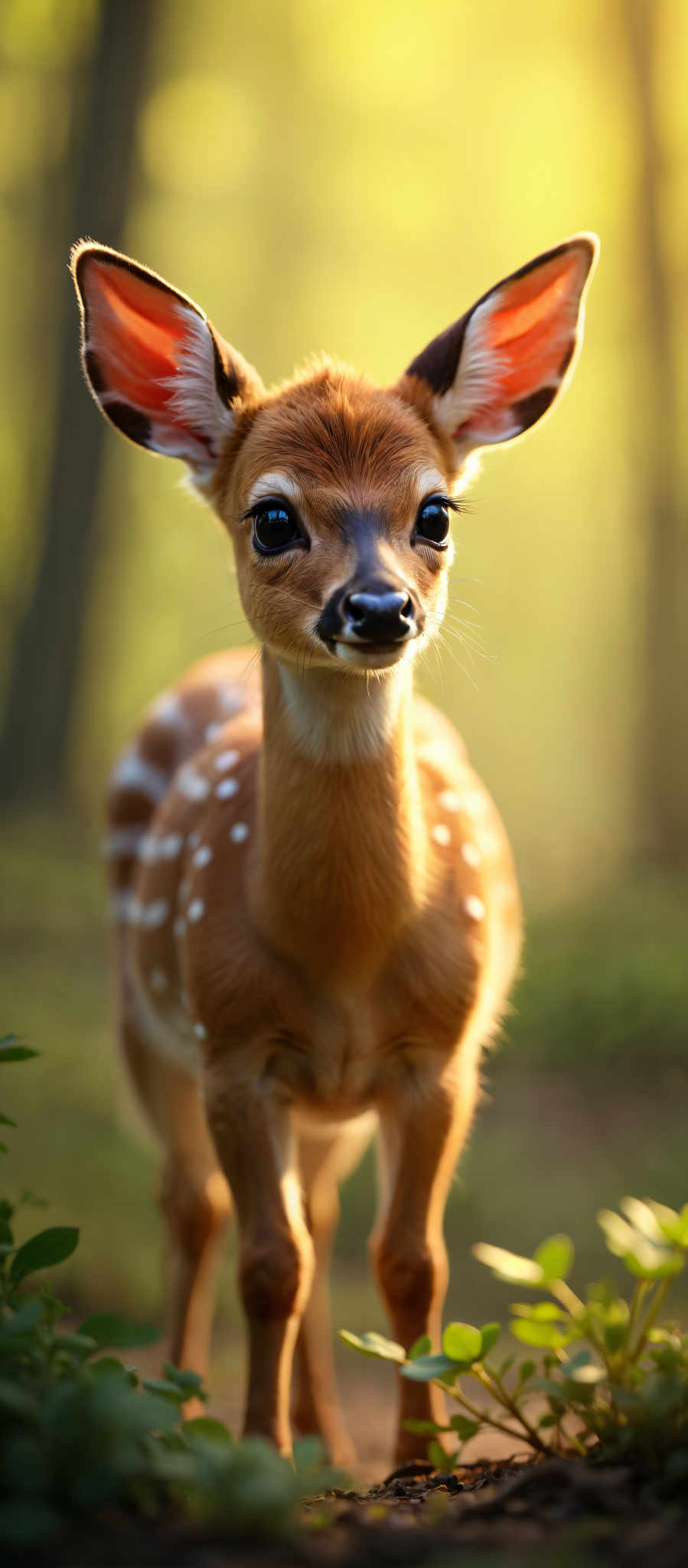 A young deer with a brown coat and white spots stands in a field. The deer's eyes are black and it has a white nose. The background is blurred but it appears to be a forest. The image does not contain any text.