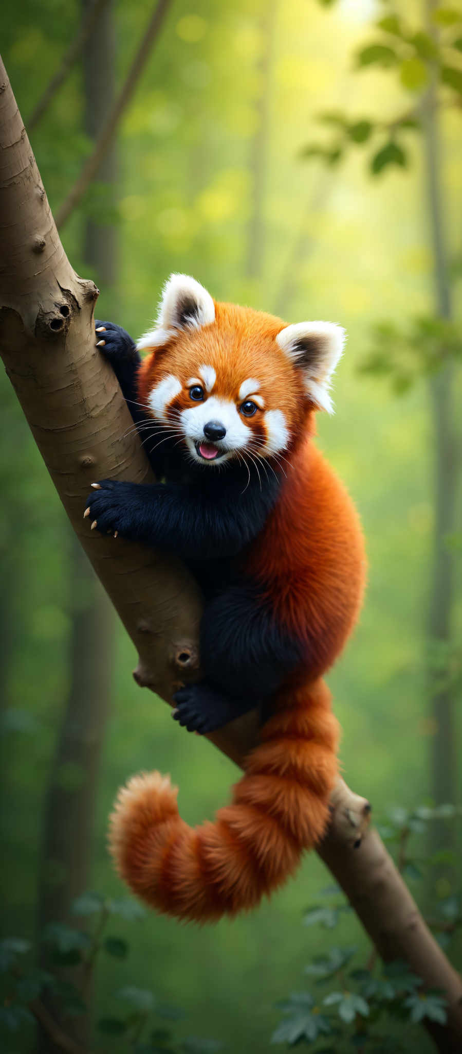 A red and black fox is climbing a tree.