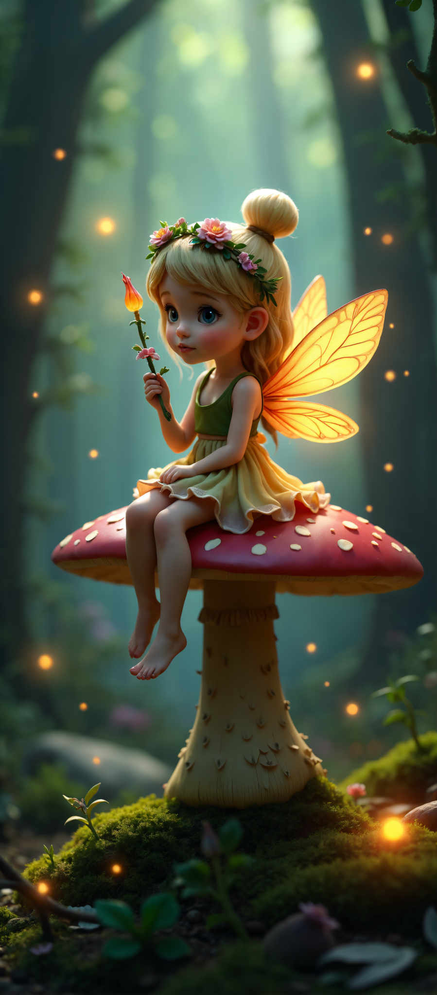 A young girl with blonde hair and wings is sitting on a mushroom. She is wearing a green dress and holding a rose.