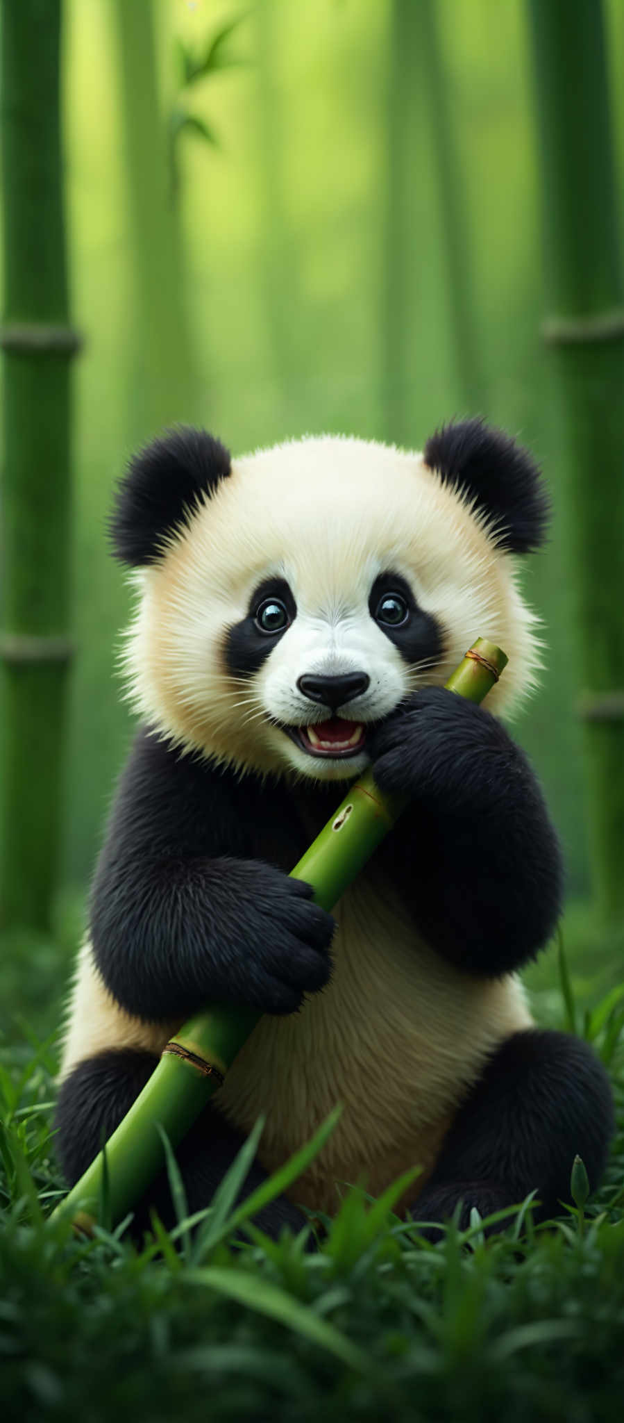 A panda is holding a bamboo stick in its mouth.