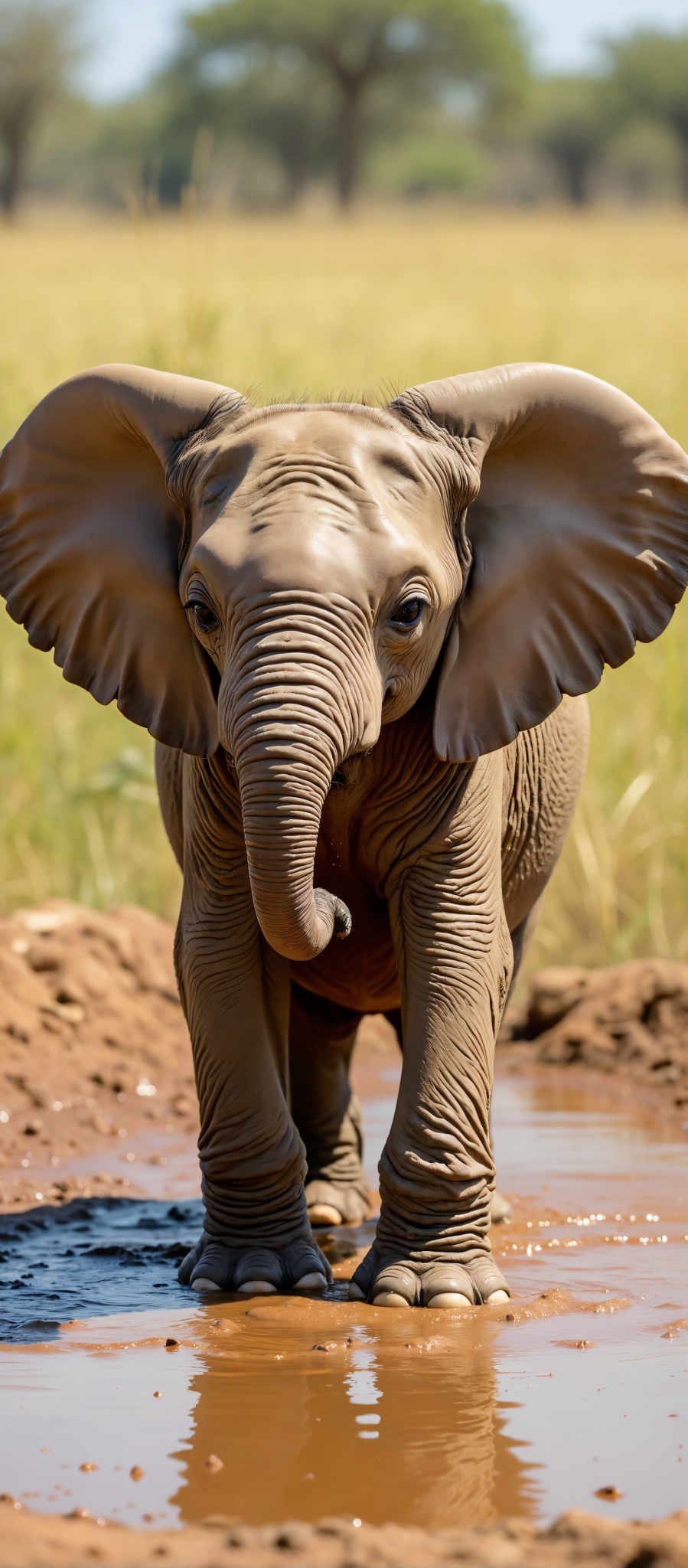 A young elephant with large ears and a long trunk.