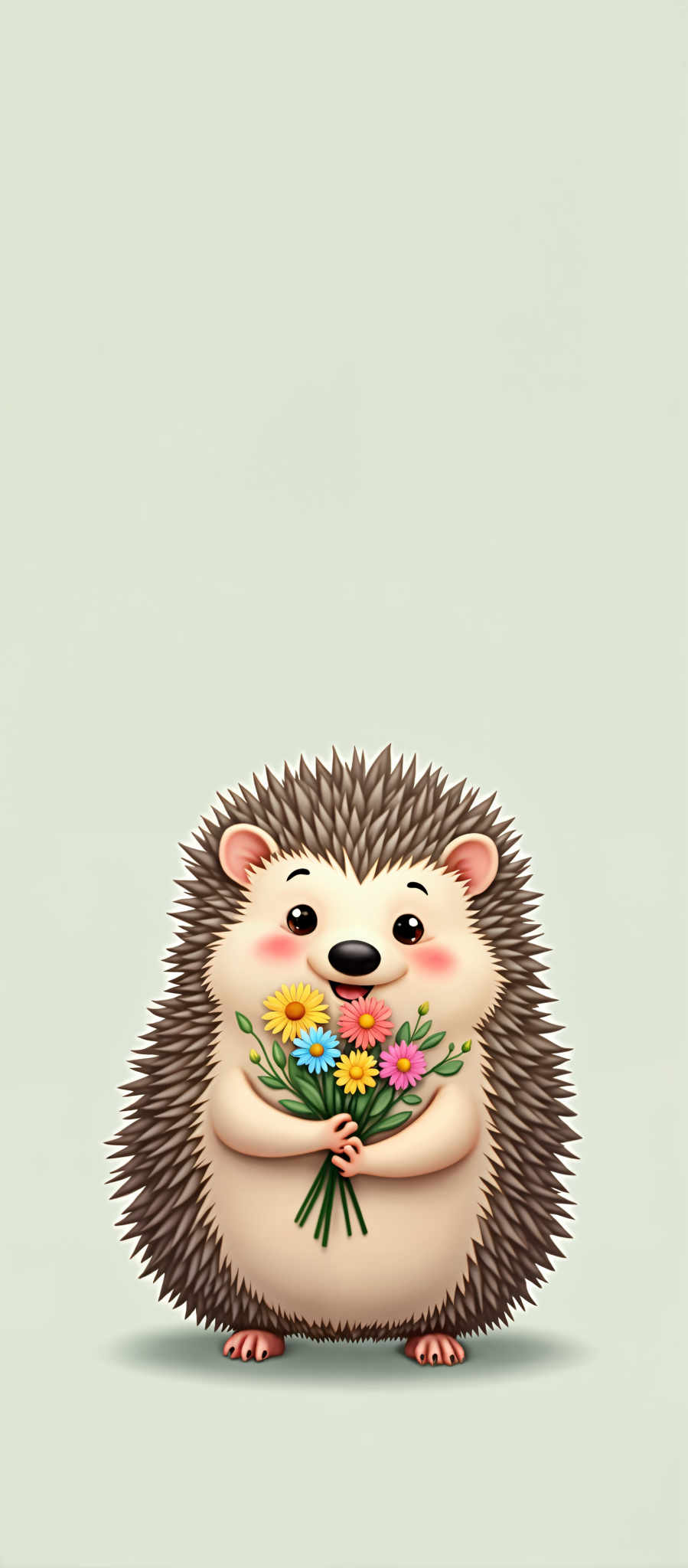 A cartoon hedgehog is holding a bouquet of flowers.