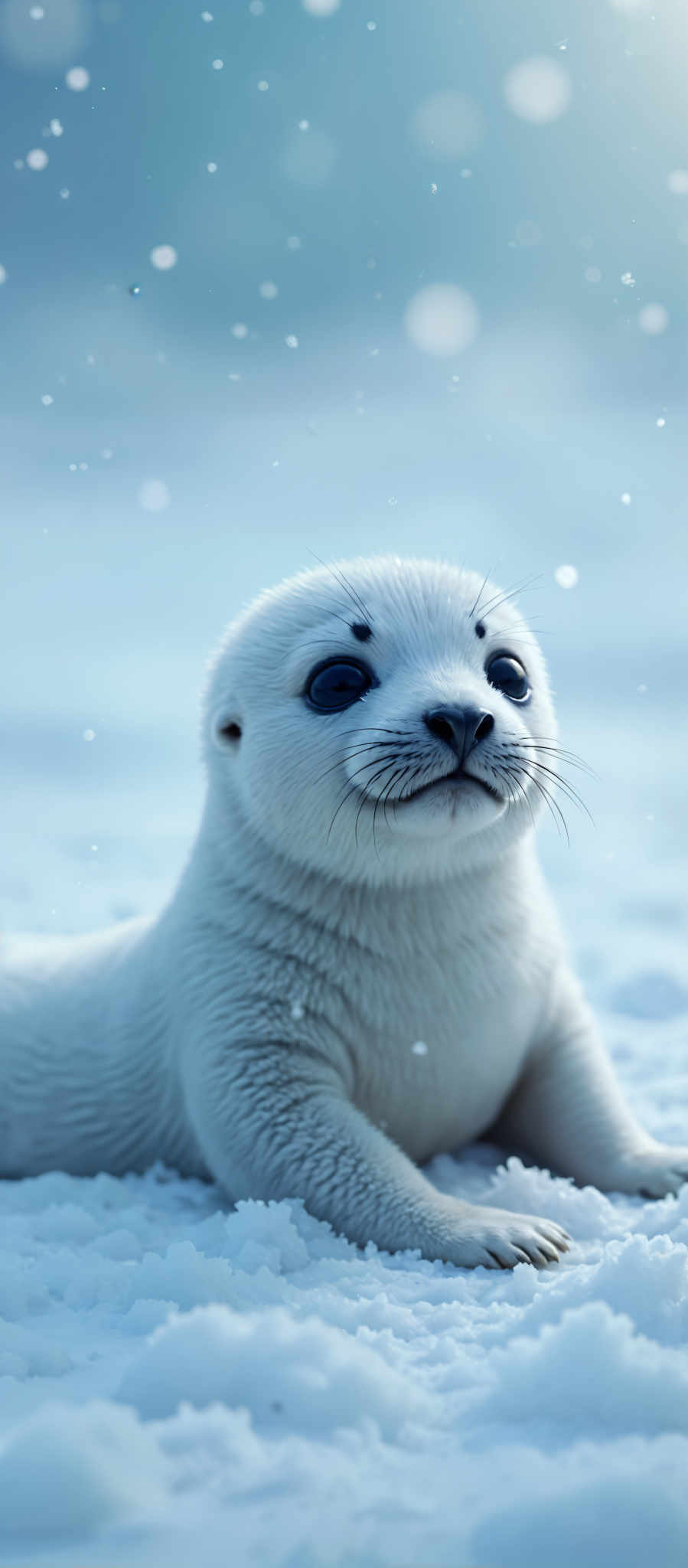 A white seal with black eyes and whiskers.