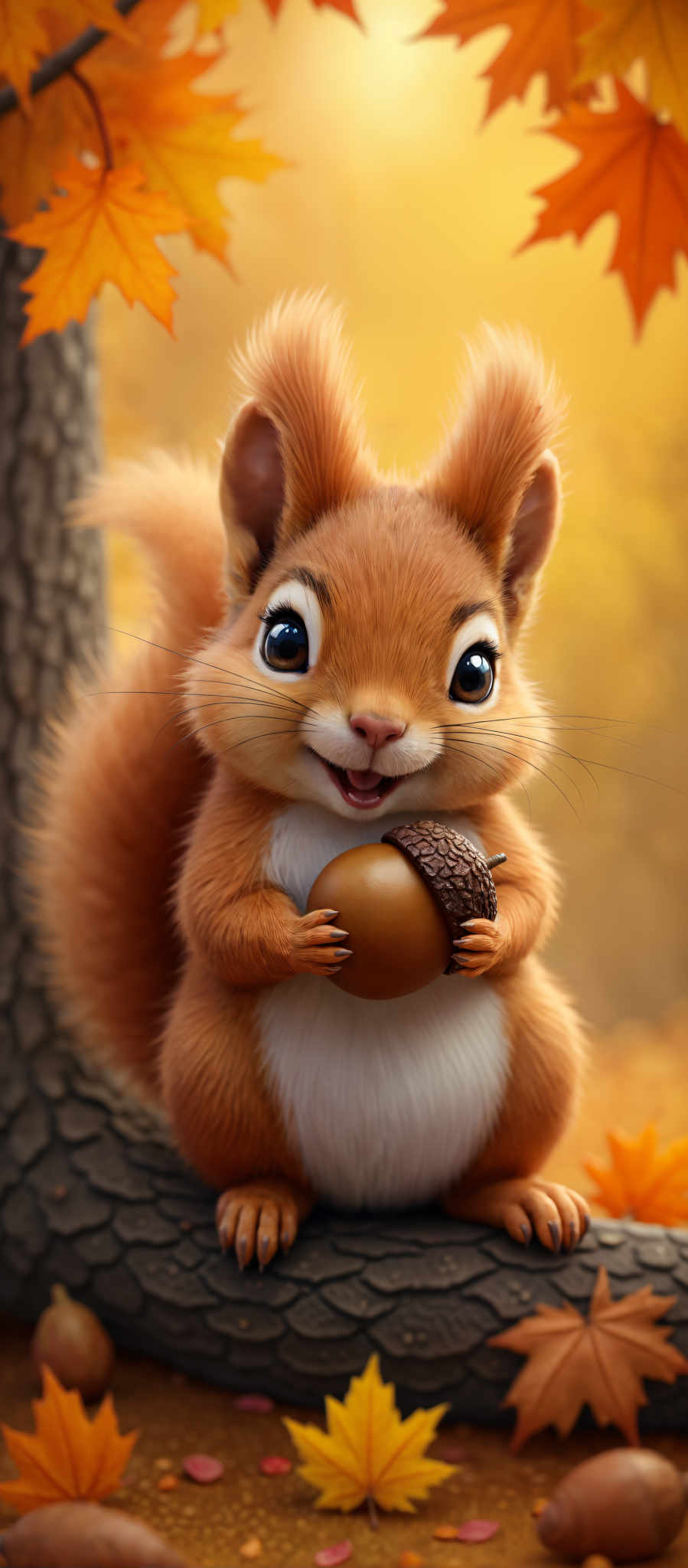 A cartoon squirrel with a brown and white fur is holding a brown acorn in its mouth. The squirrel is standing on a tree trunk and has a big smile on its face.