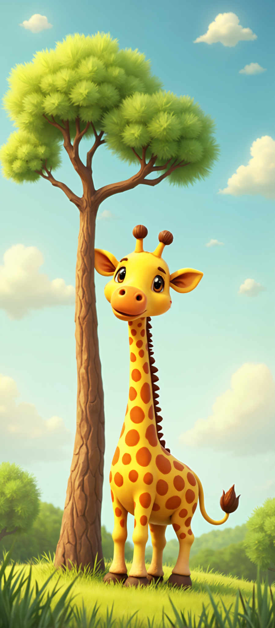 A cartoon giraffe with a big smile and two horns on its head.