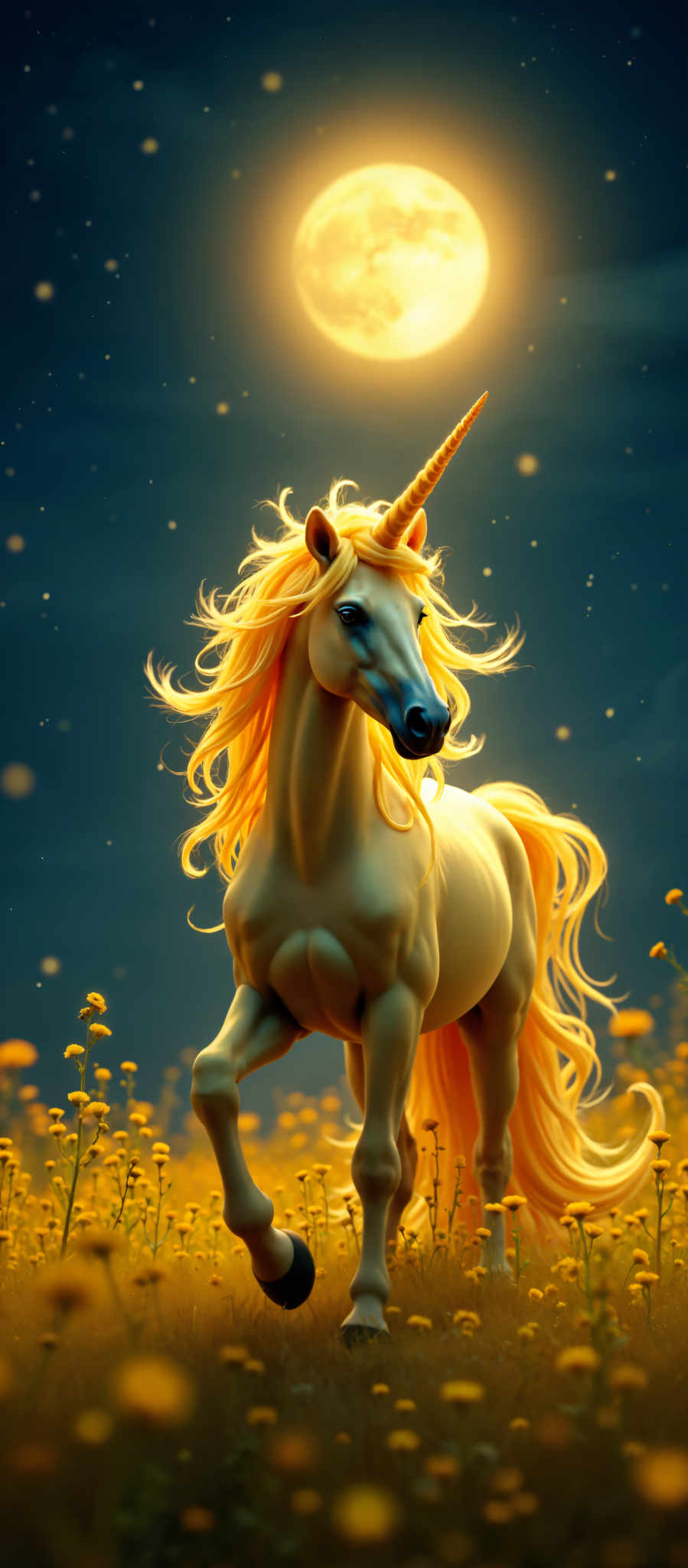 A white unicorn with a yellow mane and tail stands in a field of yellow flowers.