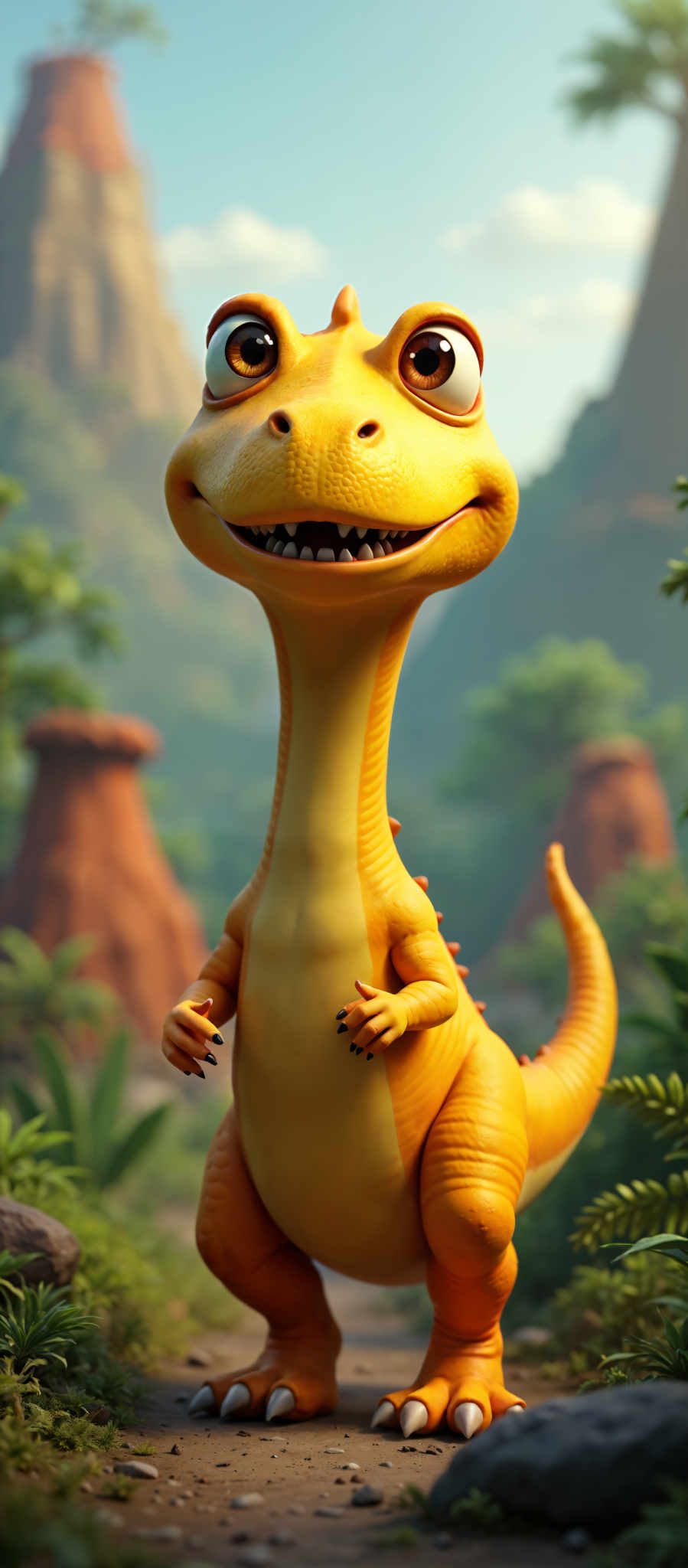 A cartoon dinosaur with a big smile and sharp teeth.