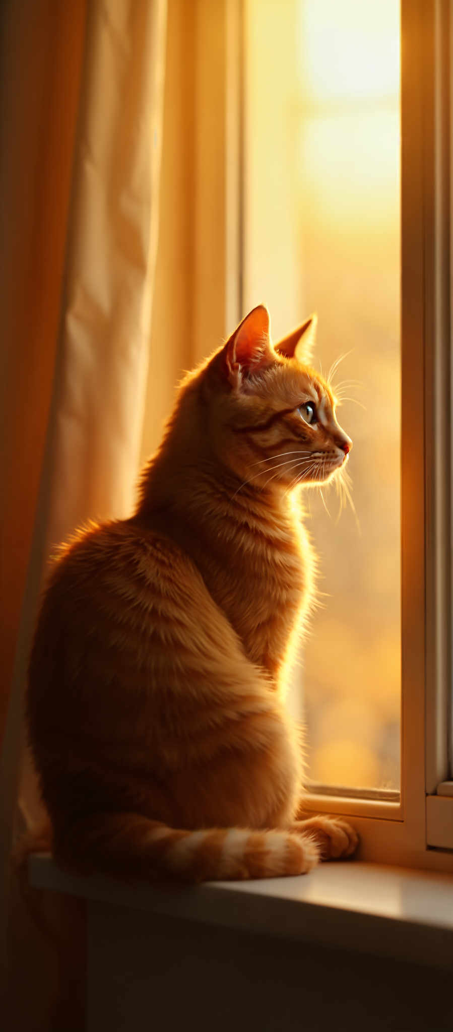 A cat with a yellow coat is sitting in front of a window. The cat is looking out the window which is open. The window is located on the right side of the cat. The background is blurred but it appears to be a room with a curtain. The curtain is white and has a pattern on it. The room has a yellow wall. The floor of the room is brown. The image does not contain any text.