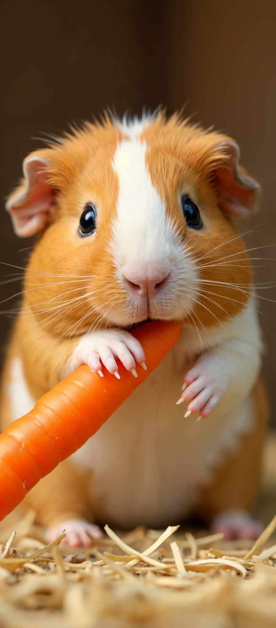 A cute brown and white hamster is holding a carrot in its paws. The hamster's eyes are wide open and it is looking directly at the camera. The carrot is orange and appears to be fresh. The background is blurred but it appears to have a wooden surface. The image is a close-up and the hamster and the carrot are the main focus. The overall scene is charming and delightful.