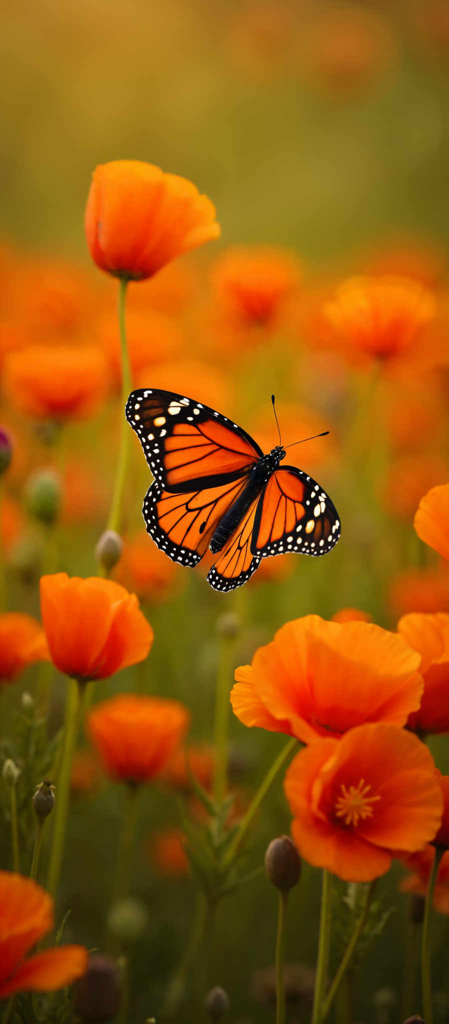 A butterfly with orange wings and black spots is flying over a field of orange flowers.