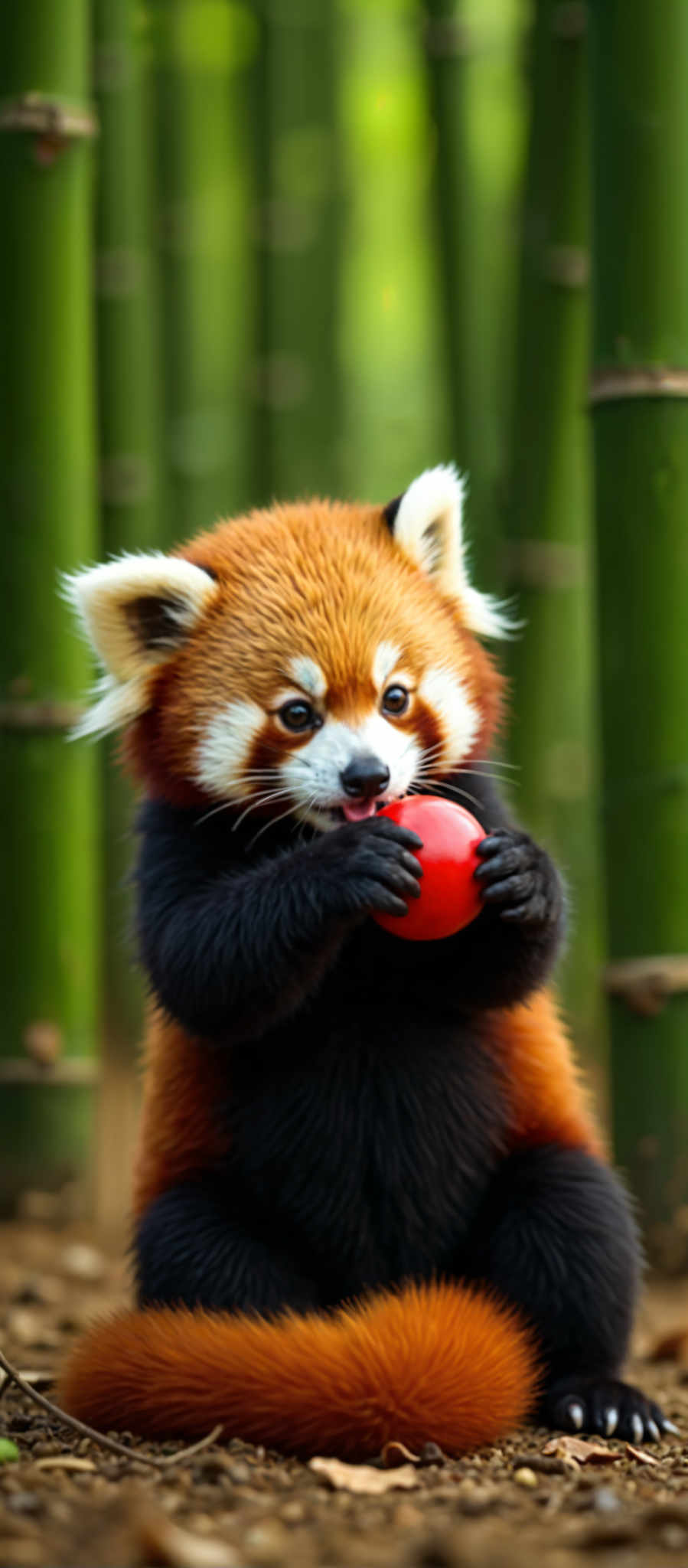 A red and black panda is holding a red ball in its mouth.