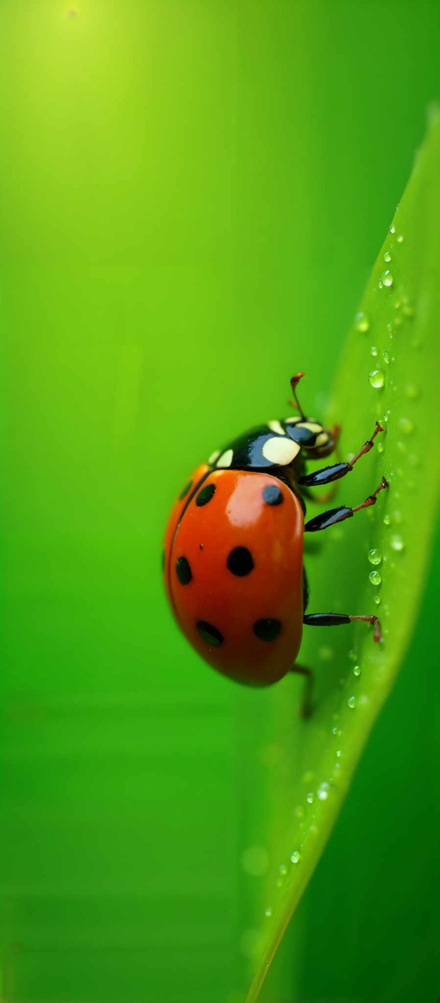 A red and black ladybug with white spots on its body is on a green leaf.