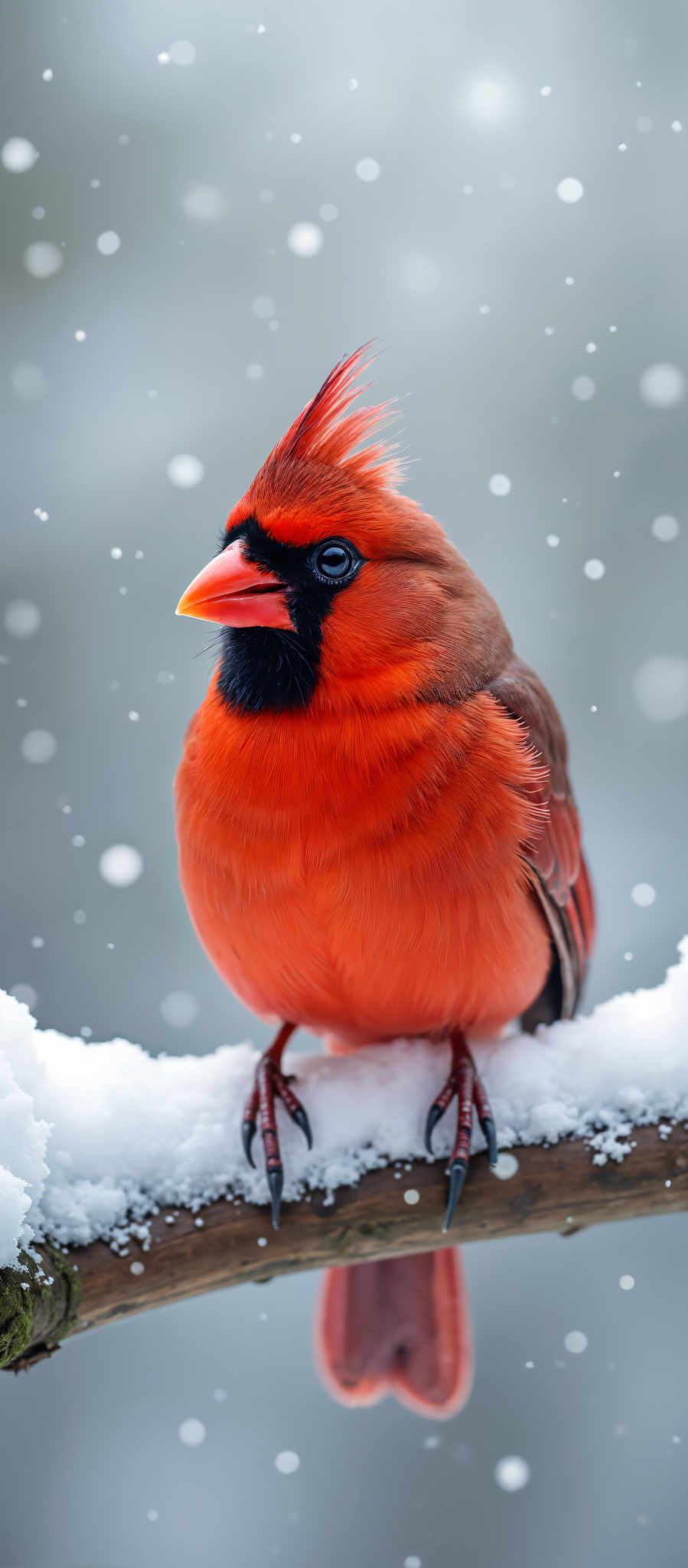 A red bird with a black beak and black eyes is perched on a snowy branch.