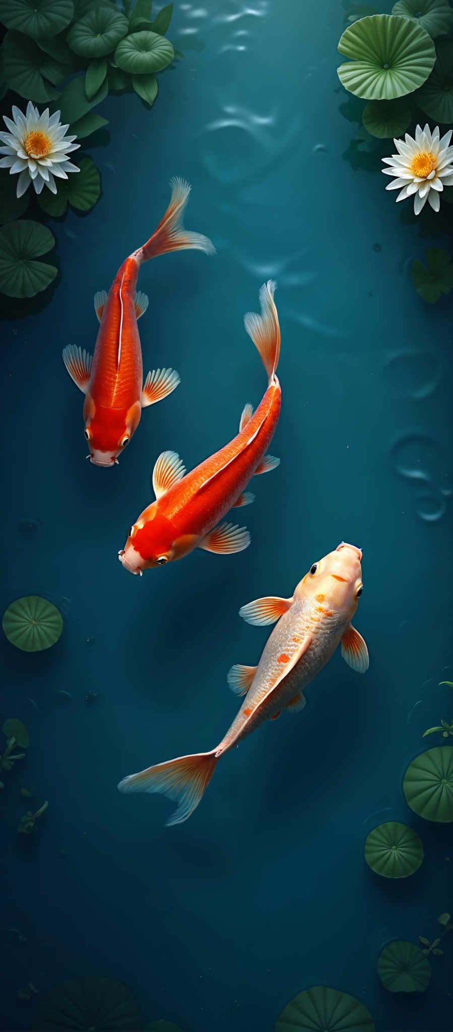 Three orange and white fish swimming in a blue tank.