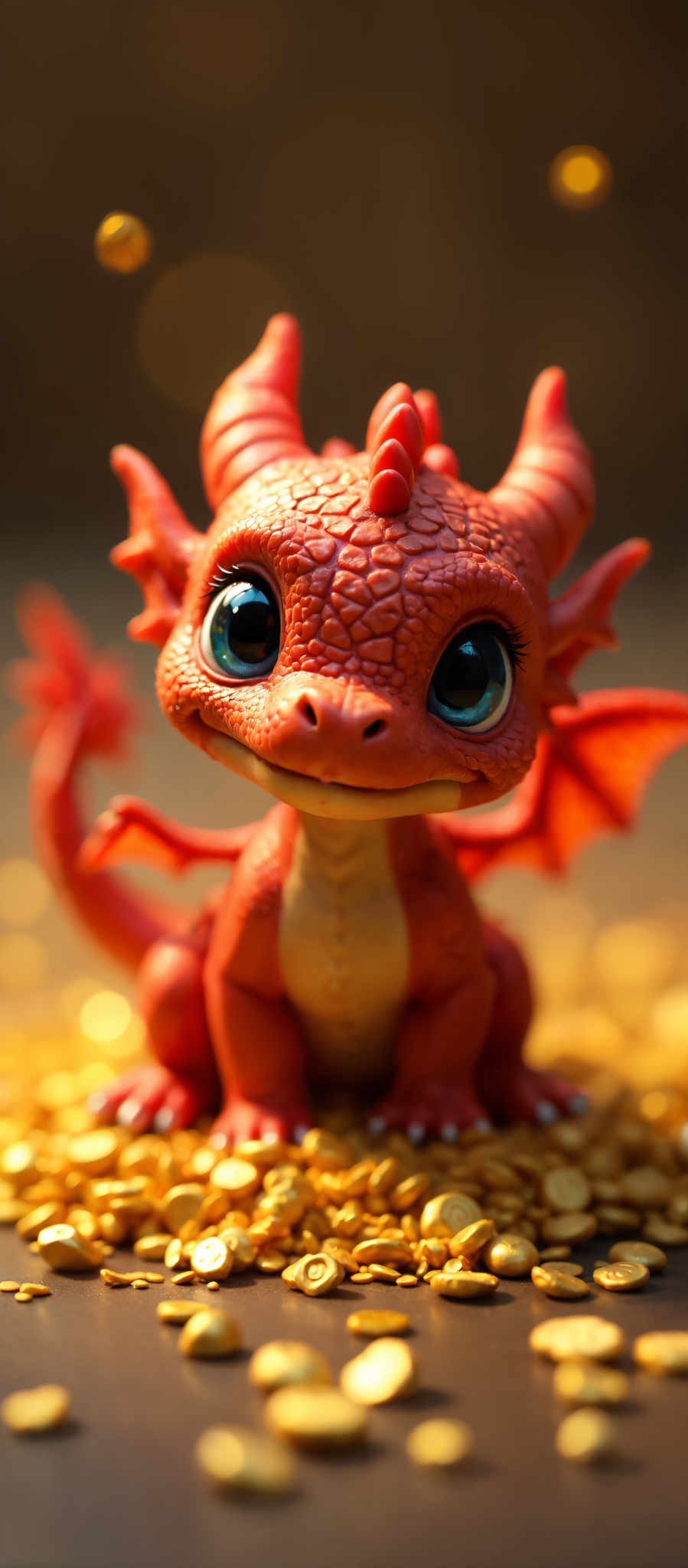 A red dragon figurine with blue eyes and a big smile.