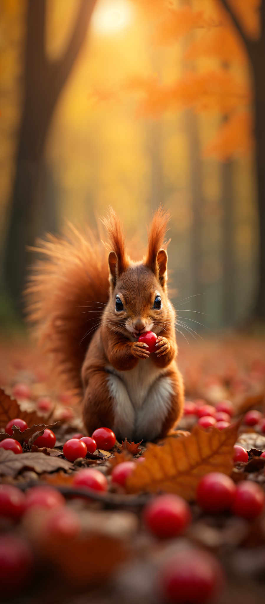 A red squirrel is sitting on a bed of red berries.