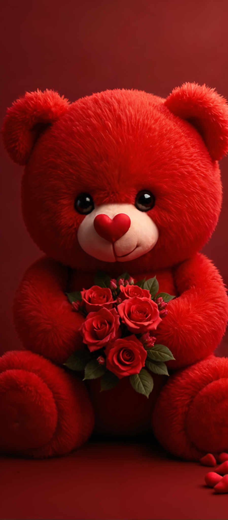 A red teddy bear holding a bouquet of red roses.