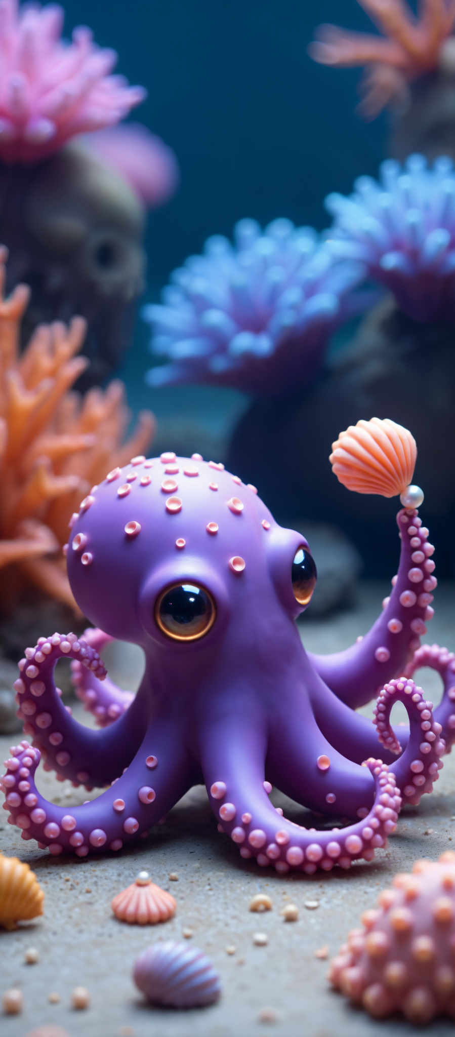 A purple octopus with a pink shell on its head and a pink spiral on its tentacles.