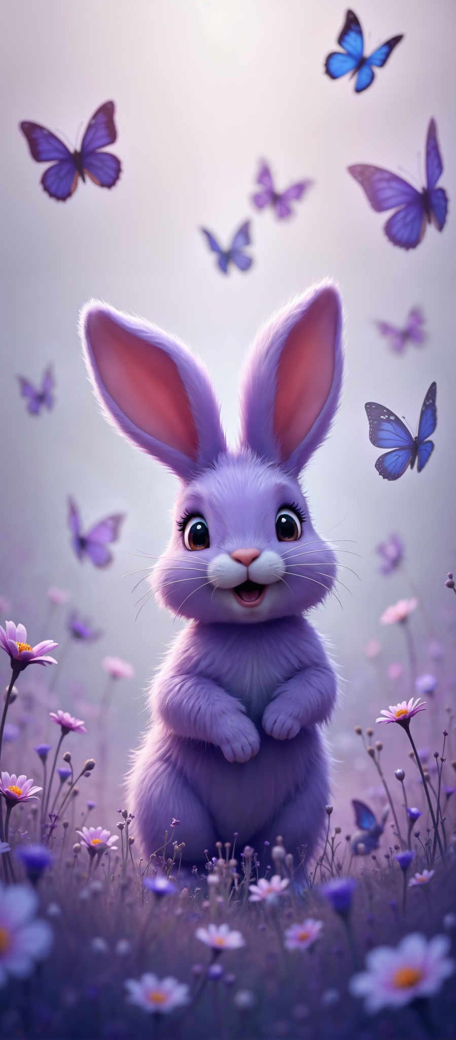 A purple bunny with a big smile is surrounded by butterflies and flowers.