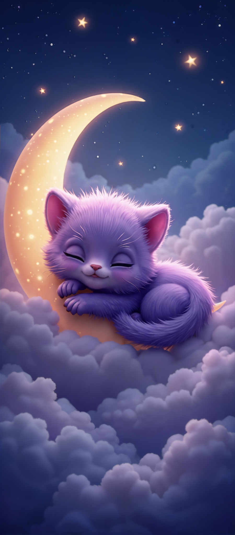 A purple cat is sleeping on a cloud in front of a full moon.