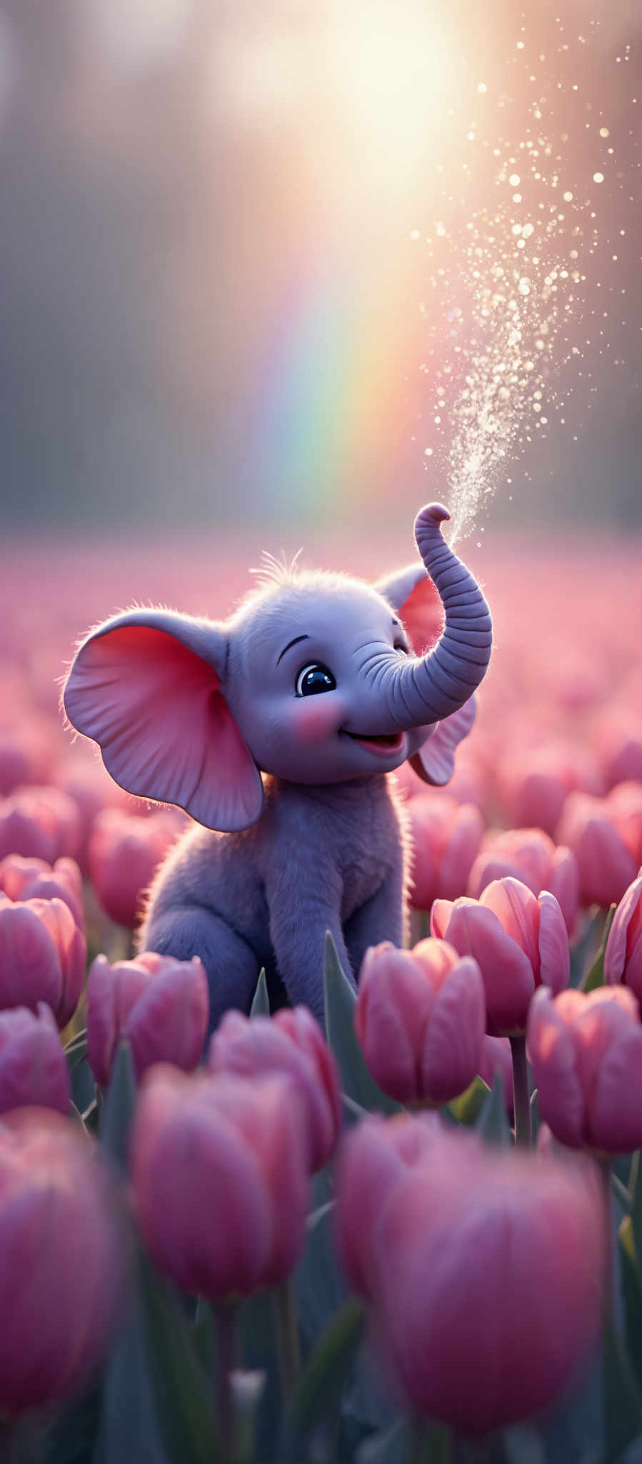 A cartoon elephant is standing in a field of pink tulips. The elephant is gray and has pink ears and feet. It is smiling and blowing a spray of water out of its trunk. The tulips are in full bloom and are a vibrant pink color. The background is a blurred image of a field with a rainbow in the distance. The image is a beautiful representation of a peaceful and joyful scene.