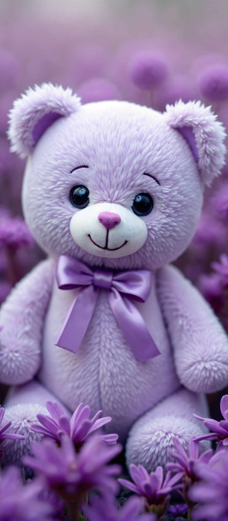 A purple teddy bear with a bow tie and a pink nose.