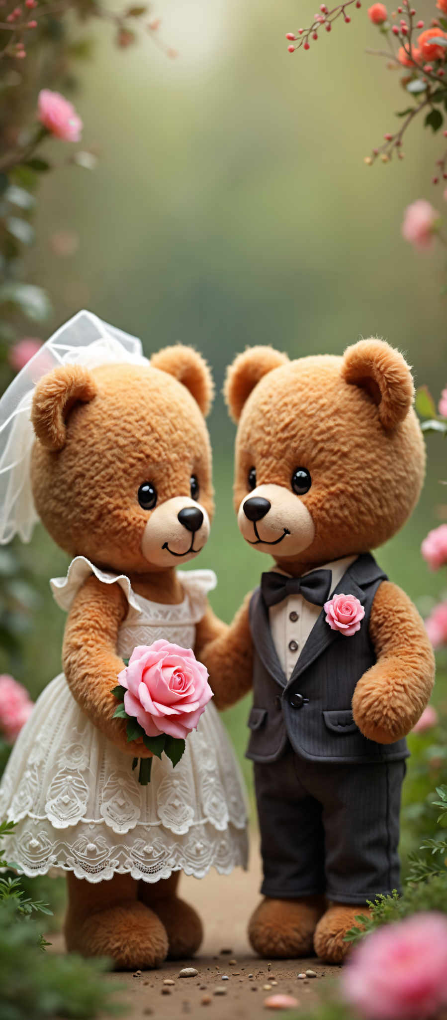 A bride and groom teddy bear holding hands. The bride bear is holding a pink rose.